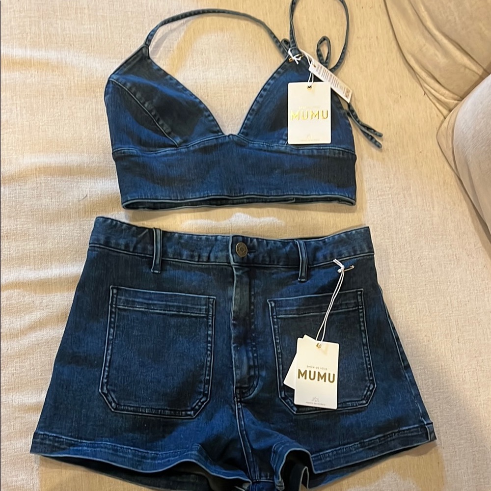 Show Me Your MuMu Blue Denim shorts and halter top NEW